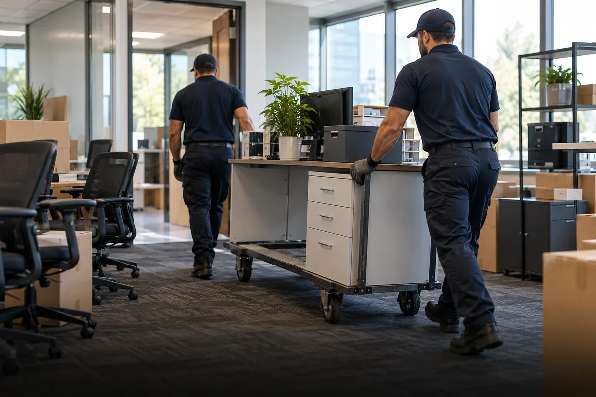 Crew clearing office furniture during a commercial cleanout