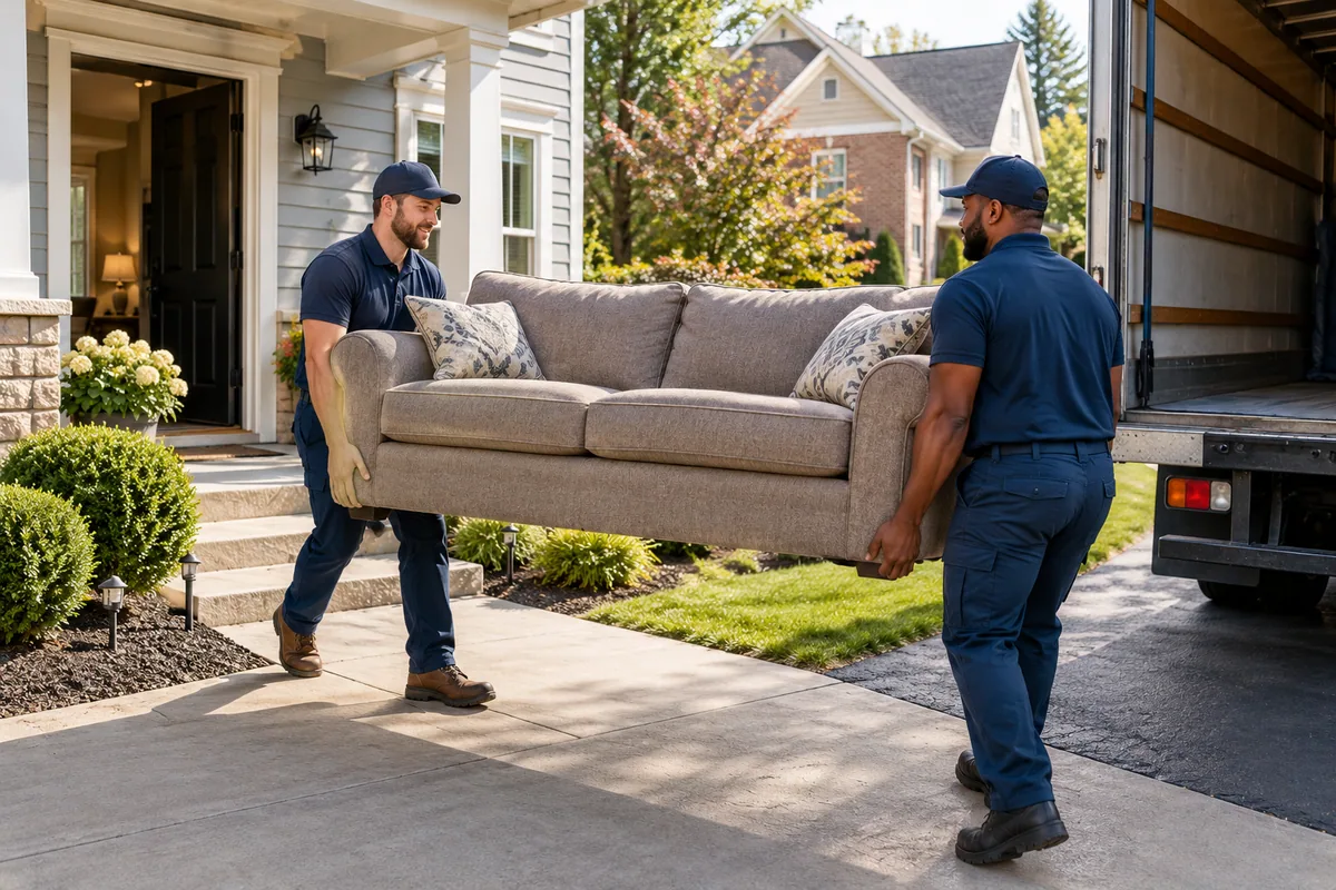 Crew carrying a sofa from a home for residential removal